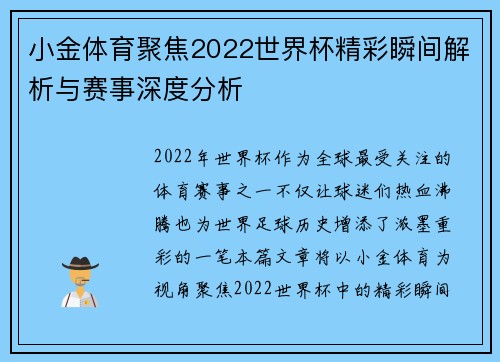 小金体育聚焦2022世界杯精彩瞬间解析与赛事深度分析